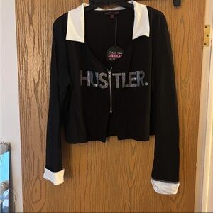 Hustler Rhinestone zip front collaboration top and earrings, 3x